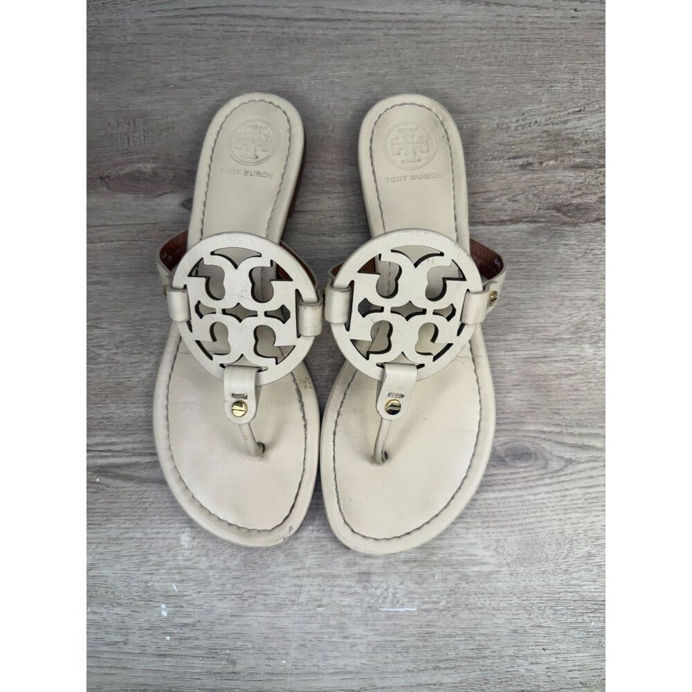 Tory Burch Cream Miller Leather Logo Thong Sandals Size 9.5